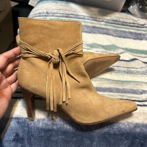 ANTONIO MELANI Tan Suede Pointed-Toe Tassel Ankle Booties